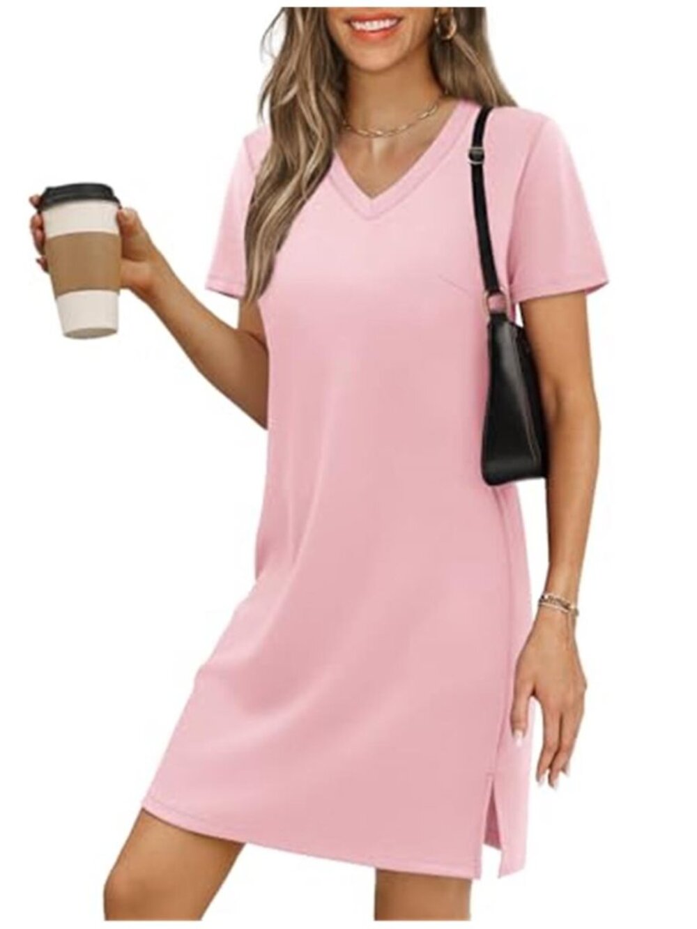 RUMIA Pink V-Neck T-Shirt Dress Casual Shift Mini Sundress